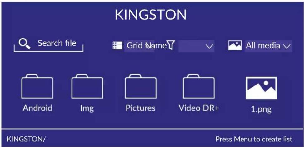 KINGSTON Search file Grid Name All media Android Img Pictures Video DR+ 1.png KINGSTON/ Press Menu to create list