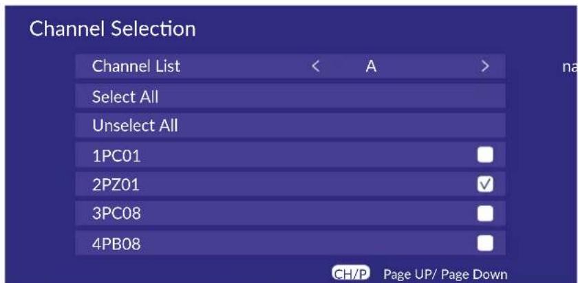 Channel Selection Channel List < A > Select All Unselect All 1PC01 2PZ01 ✓ 3PC08 4PB08 CH/P Page UP/ Page Down