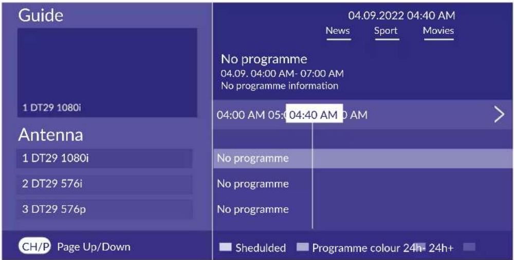 Guide 1 DT29 1080i Antenna 1 DT29 1080i 2 DT29 576i 3 DT29 576p CH/P Page Up/Down 04.09.2022 04:40 AM News Sport Movies No programme 04.09. 04:00 AM- 07:00 AM No programme information 04:00 AM 05:00 04:40 AM No programme No programme No programme Shedulced Programme colour 24h- 24h+