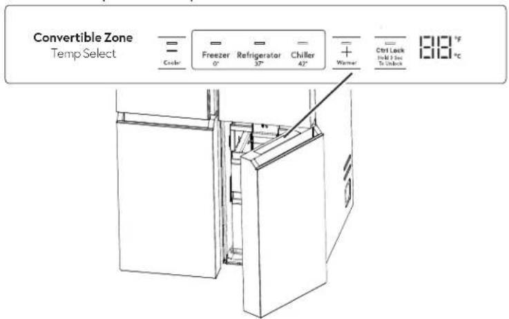 Convertible Zone Temp Select Color Freezer Refrigerator Chiller 0° 37° 42° + Warmer Ctrl Lock Hold 3 sec To Unlock 189 °F °C