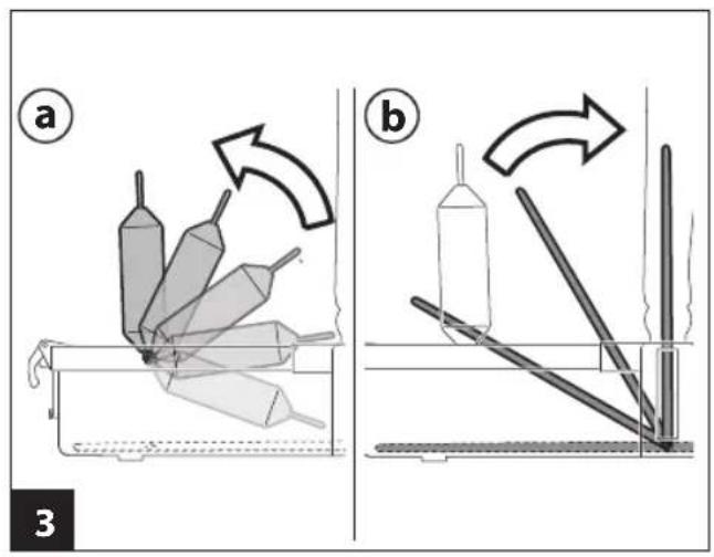 Diagram illustrating two stages (a and b) of a mechanical or fluidic device with directional arrows indicating motion or flow.
