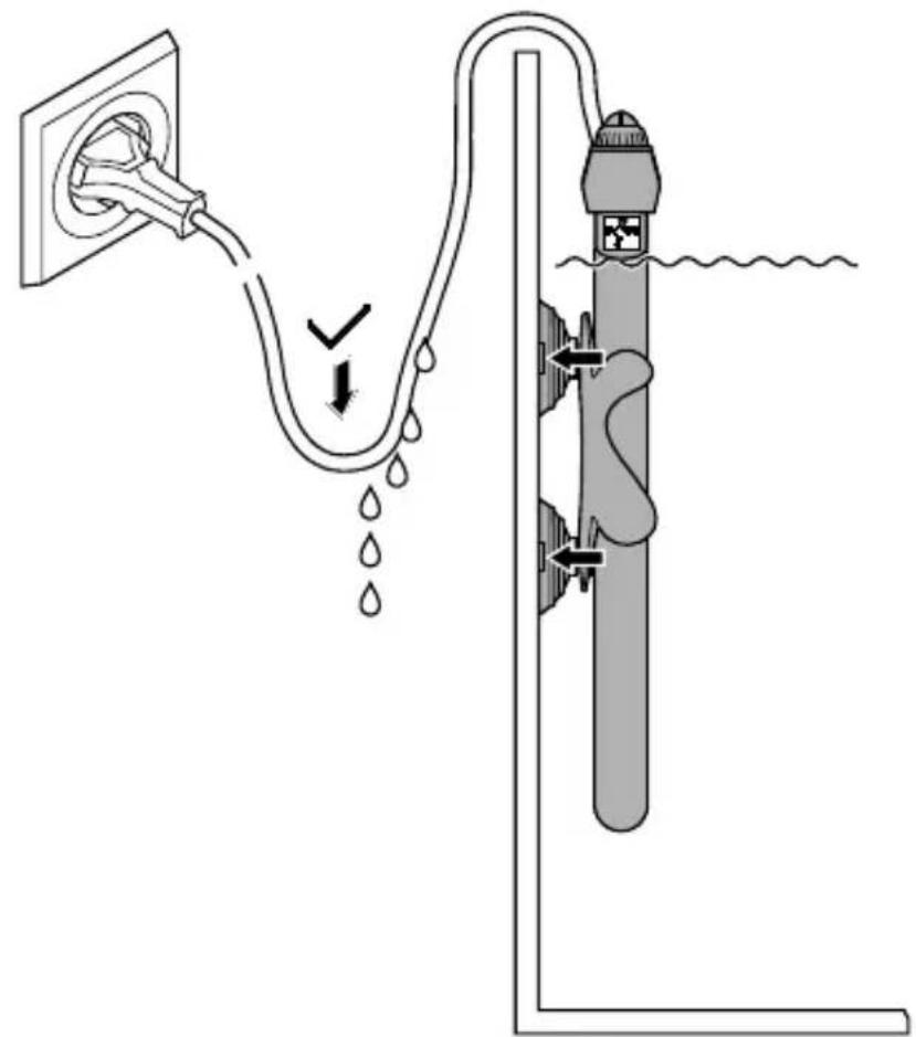 Diagram illustrating a water pump installation with labeled components and water flow direction