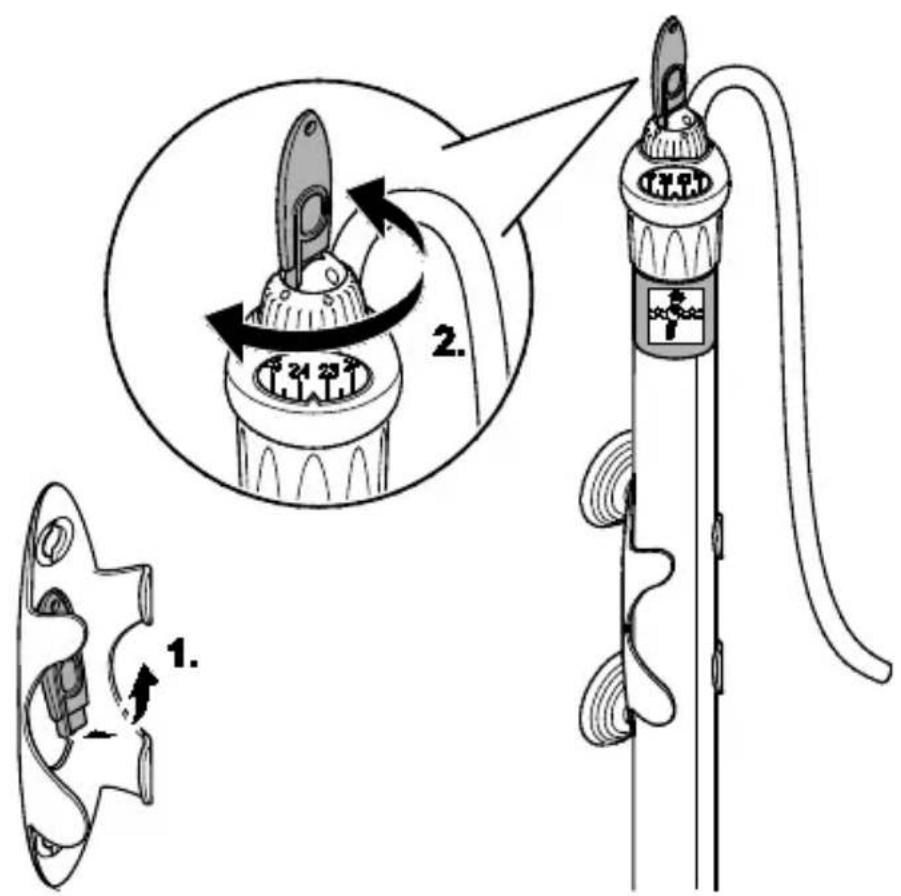 Diagram illustrating a mechanical or fluidic device with labeled components and directional arrows, showing internal components and flow paths.