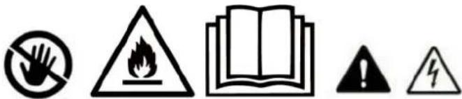 Warning symbols including no hand, flame, open book, and warning signs