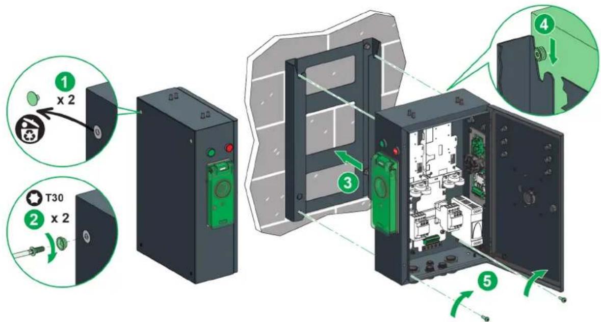 SCHNEIDER EVlink Parking EVF2S22P02R - Fixing the enclosure to the wall bracket / Fixation du coffret sur le support mural - 1