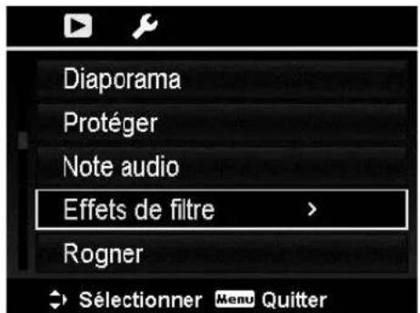 Diaporama Protéger Note audio Effets de filtre Rogner → Sélectionner Menu Quitter