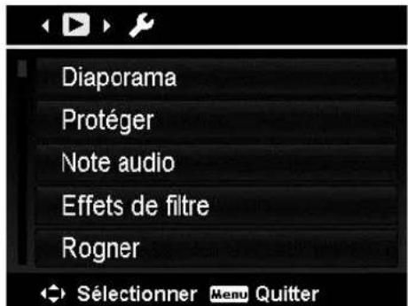 Diaporama Protéger Note audio Effets de filtre Rogner Sélectionner Menu Quitter