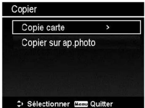 Copier Copie carte > Copier sur ap.photo → Sélectionner Menu Quitter