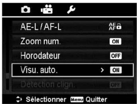 AE-L/AF-L Zoom num. Horodateur Visu. auto. Detection clign: ON OFF Sélectionner Menu Quitter