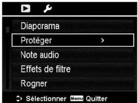 Diaporama Protéger > Note audio Effets de filtre Rogner → Sélectionner Menu Quitter