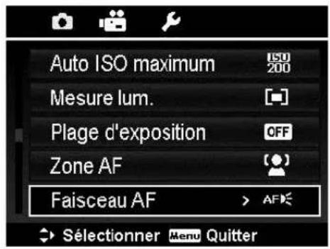 Auto ISO maximum ISU 200 Mesure lum. [·] Plage d'exposition OFF Zone AF [·] Faisceau AF > AF< → Sélectionner Menu Quitter