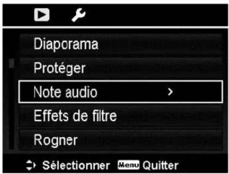 Diaporama Protéger Note audio > Effets de filtre Rogner → Sélectionner Menu Quitter