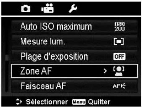 Auto ISO maximum ISO 200 Mesure lum. [·] Plage d'exposition OFF Zone AF [Faisceau AF] AF Sélectionner Menu Quitter