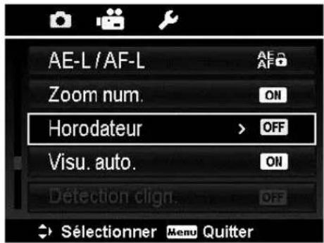 AE-L / AF-L Zoom num. Horodateur > OFF Visu. auto. Detection clign. → Sélectionner Menu Quitter
