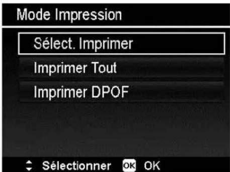 Mode Impression Sélect. Imprimer Imprimer Tout Imprimer DPOF Sélectionner OK OK