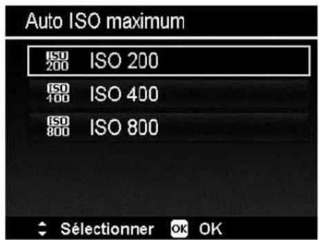 Auto ISO maximum ISO 200 ISO 200 ISO 400 ISO 400 ISO 800 ISO 800 Sélectionner OK OK