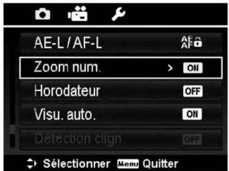 AE-L/AF-L Zoom num. > ON Horodateur OFF Visu. auto. ON Detection clign. OFF → Sélectionner Menu Quitter