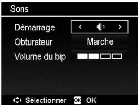 Sons Démarrage Obturateur Volume du bip < 1 > Marche - - - - - - - - - - - - - - - - - - - - - - - - - - - - - - - - - - - - - - - - - - - - - - - - - - - - - - - - - - - - - - - - - - - - - - - - - - - - - - - - - - - - - - - - - - Selectionner OK OK
