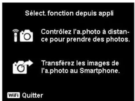 SÉLECT. fonction depuis appli Contrôlez l'a.photo à distance pour prendre des photos. Transférez les images de l'a.photo au Smartphone. WiFi Quitter