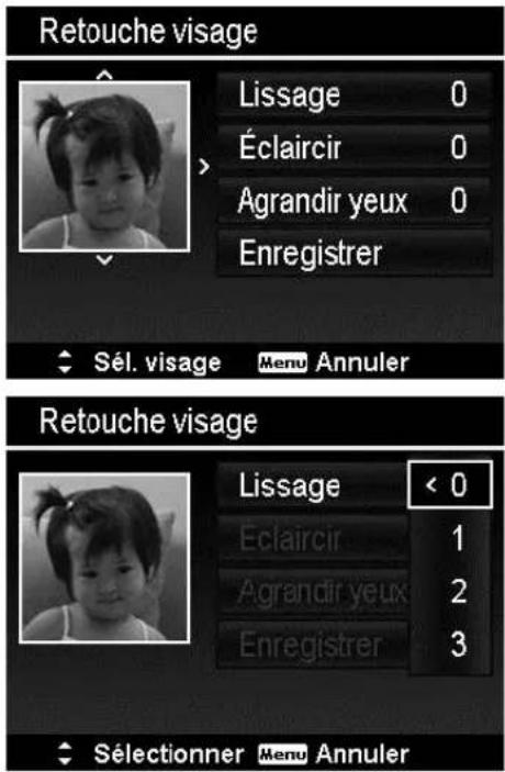 Retouche visage Lissage 0 Éclaircir 0 Agrandir yeux 0 Enregistrer Sél. visage Menu Annuler Retouche visage Lissage < 0 Éclaircir 1 Agrandir yeux 2 Enregistrer 3 Sélectionner Menu Annuler
