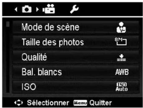 Mode de scène Taille des photos Qualité Bal. blancs ISO AWB ISO Auto Sélectionner Menu Quitter
