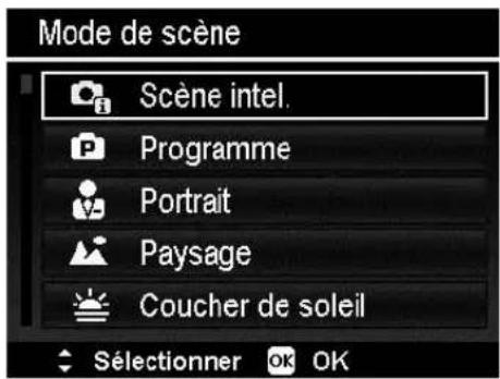 Mode de scène Scène intel. Programme Portrait Paysage Coucher de soleil Sélectionner OK OK