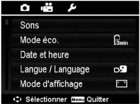 Sons Mode éco. Date et heure Langue / Language Mode d'affichage → Sélectionner Menu Quitter