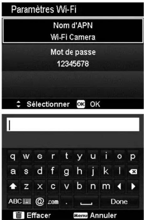 Paramètres Wi-Fi Nom d'APN Wi-Fi Camera Mot de passe 12345678 Sélectionner OK OK q w e r t y u i o p a s d f g h j k l z x c v b n m ▶ ABC @ . Done Effacer Menu Annuler