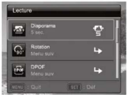 Lecture Diaporama 5 sec. Rotation Menu suv DPOF Menu suv MENU : Quit SET : Déf