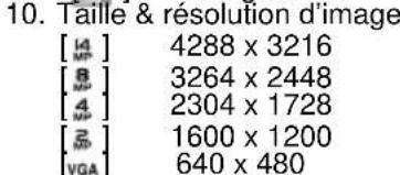10. Taille & résolution d'image [14] 4288 x 3216 [M²] [8] 3264 x 2448 [M³] [4] 2304 x 1728 [M⁴] [25] 1600 x 1200 [VGA] 640 x 480