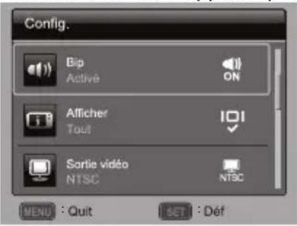 Config. Bip Active ON Afficher Tout Sortie vidéo NTSC NTSC MENU : Quit SET : Déf