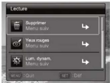 Lecture Supprimer Menu suiv Yeux rouges Menu suiv Lum. dynam. Menu suiv MENU : Quit SET : Déf