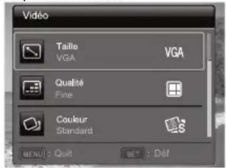 Vidéo Taille VGA VGA Qualité Fine Couleur Standard MENU : Quit SET : Dôt