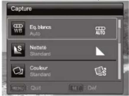 Capture WB Eq.blancs Auto AUTO S Nettote Standard Couleur Standard MENU: Quit SET: DAF
