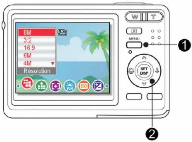 8M 3:2 16:9 6M 4M Résolution SET DISP MENU ① ②