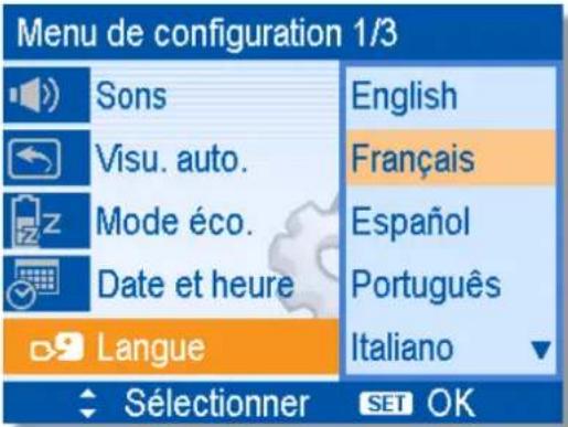 Menu de configuration 1/3 Sons English Visu. auto. Français Mode éco. Español Date et heure Português Langue Italiano Sélectionner SET OK