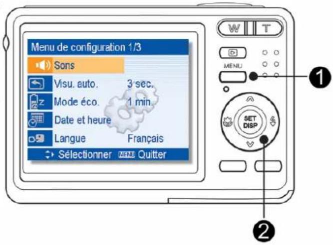 Menu de configuration 1/3 Sons Visu. auto. 3 sec. Mode éco. 1 min. Date et heure Langue Français Sélectionner MENU Quitter