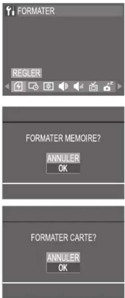 FORMATER REGLER FORMATER MEMOIRE? ANNULER OK FORMATER CARTE? ANNULER OK