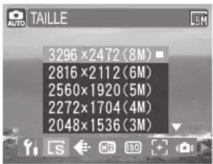 AUTO TAILLE 3296×2472 (8M) 2816×2112 (6M) 2560×1920 (5M) 2272×1704 (4M) 2048×1536 (3M)
