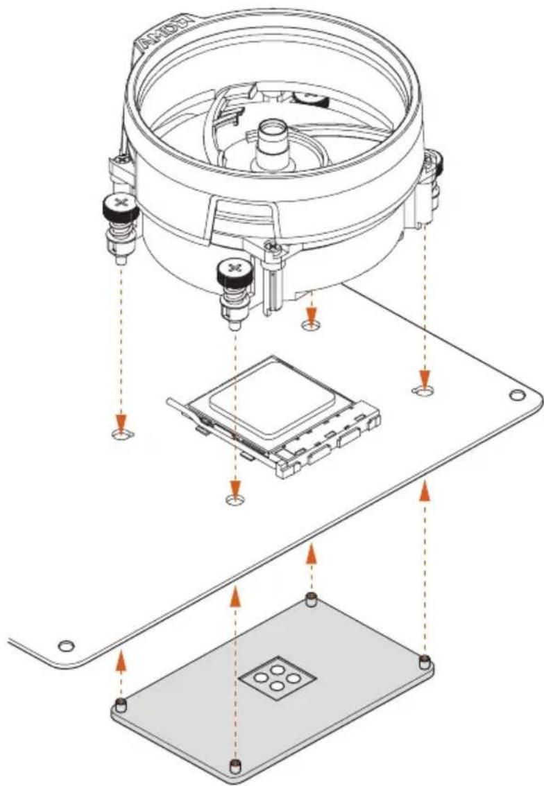 Technical diagram showing assembly of a device with labeled components and directional arrows indicating assembly steps.