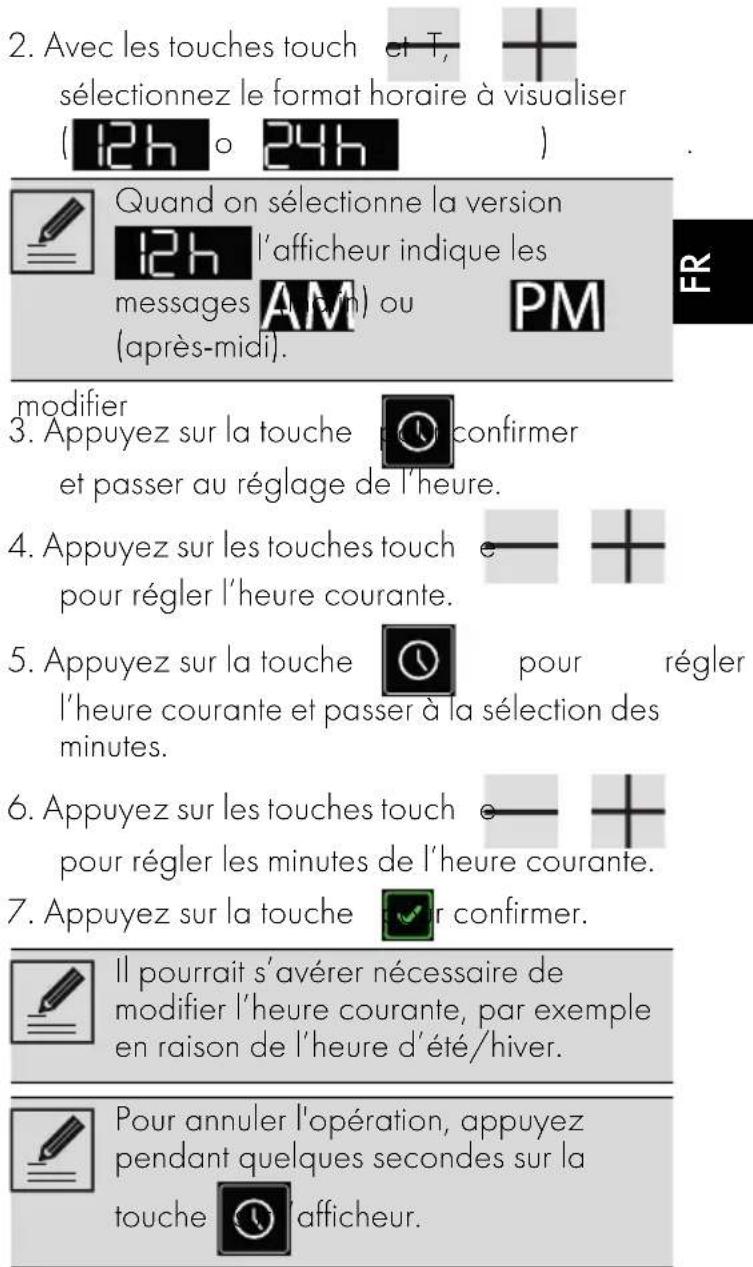 2. Avec les touches touch et T, sélectionnez le format horaire à visualiser (12h o 24h ) Quand on sélectionne la version 12h l'afficheur indique les messages AM (am/h) ou (après-midi). PM modifier 3. Appuyez sur la touche pour confirmer et passer au réglage de l'heure. 4. Appuyez sur les touches touch e pour régler l'heure courante. 5. Appuyez sur la touche pour régler l'heure courante et passer à la sélection des minutes. 6. Appuyez sur les touches touch e pour régler les minutes de l'heure courante. 7. Appuyez sur la touche pour confirmer. Il pourrait s'avérer nécessaire de modifier l'heure courante, par exemple en raison de l'heure d'été/hiver. Pour annuler l'opération, appuyez pendant quelques secondes sur la touche afficheur.