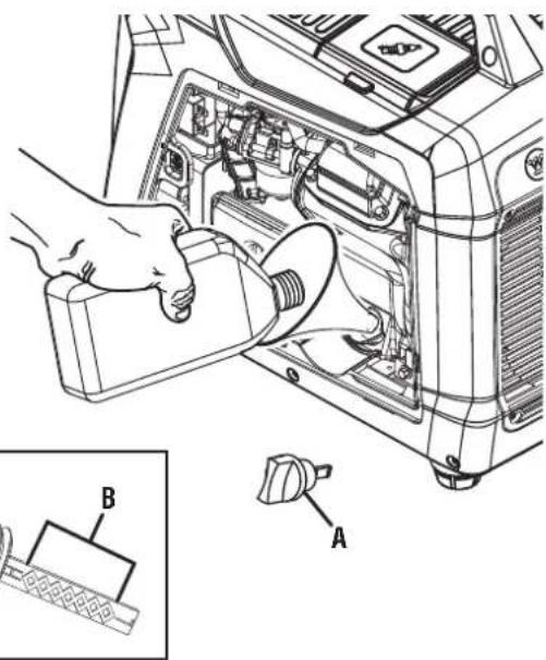 Technical diagram showing a hand inserting a component into an internal device, with labeled parts A and B.