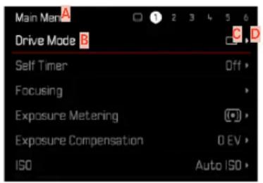 Main Men A Drive Mode B Self Timer Off > Focusing Exposure Metering (●) Exposure Compensation 0 EV > ISO Auto ISO >