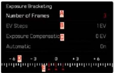 Exposure Bracketing Number of Frames A 3 EV Steps B 1 EV Exposure Compensatic C 0 EV Automatic On -6 D -3 0 +3 +6