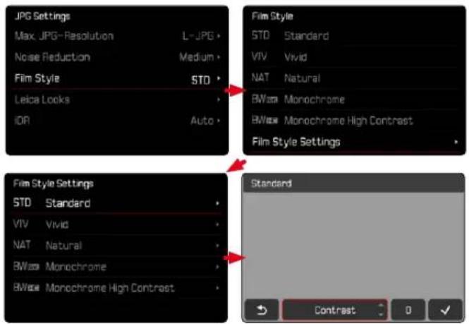 JPG Settings Max. JPG-Resolution L-JPG Noise Reduction Medium Film Style STD Leica Looks IDR Auto Film Style STD Standard VIV Vivid NAT Natural BVW Monochrome BVW Monochrome High Contrast Film Style Settings Film Style Settings STD Standard VIV Vivid NAT Natural BVW Monochrome BVW Monochrome High Contrast Standard Contrast 0 ✓