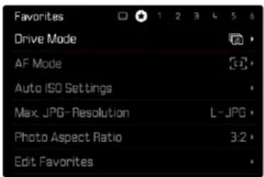 Favorites Drive Mode AF Mode Auto ISO Settings Max. JPG-Resolution Photo Aspect Ratio Edit Favorites