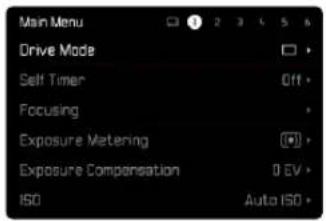 Main Menu Drive Mode Self Timer Focusing Exposure Metering Exposure Compensation ISO Auto ISO