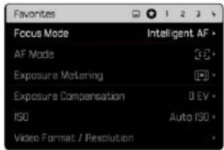 Favorites Focus Mode Intelligent AF > AF Mode Exposure Metering Exposure Compensation 0 EV # ISO Auto ISO > Video Format / Resolution