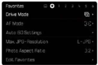 Favorites Drive Mode AF Mode Auto ISO Settings Max. JPG-Resolution Photo Aspect Ratio Edit Favorites
