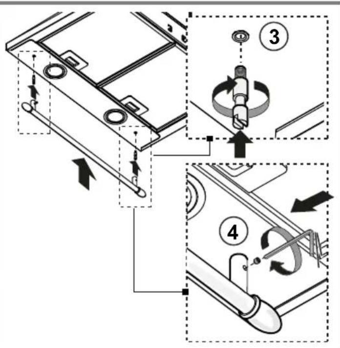 Technical diagram illustrating mechanical assembly steps with numbered annotations and directional arrows indicating motion.